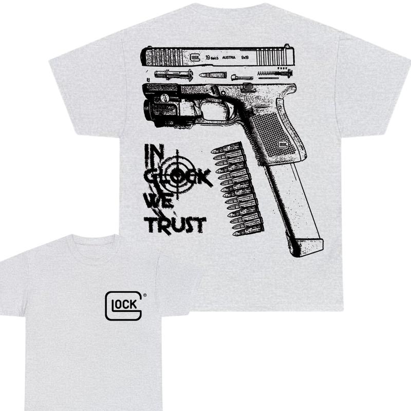 In Glock We Trust Double Sided Print T-Shirt - Glock shirt - Classic Width and Collar for Men and Women - Design color Black and White , Cotton Menswear
