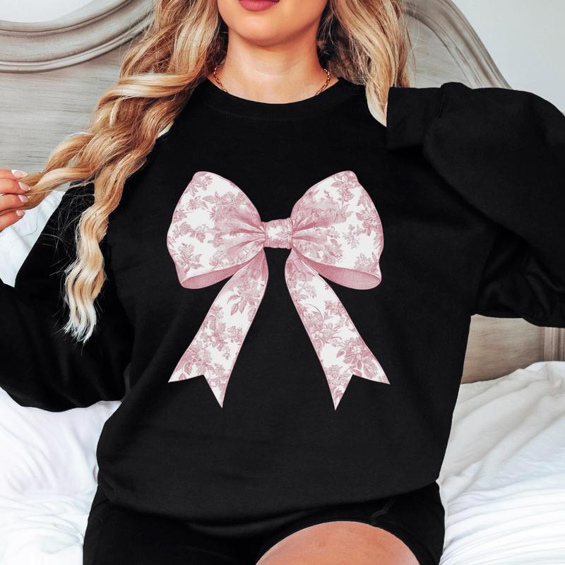 Toile de Jouy Pink Bow Sweatshirt, Coquette Girl Sweatshirt, Feminine Floral Bow Crewneck, Pink Ribbon Soft Girl Girly Aesthetic