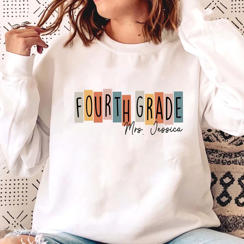 Happy First Day Of School 4th Grade Teacher Shirt, Custom Name Shirt, Personalized Teacher Shirt (Please Inbox In Message), Fourth Grade Teacher Shirt