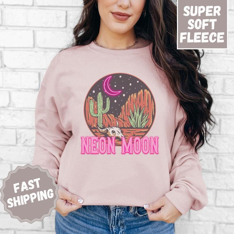 Neon Moon Crewneck Sweatshirt, Womenswear Soft Printed Sweatshirt, Country Music Cozy Oversized Fleece Long Sleeve