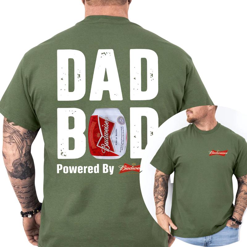 Budweiser Dad Bod Powered By Budweiser Tshirt 2-Sided, Funny Beer Drink Shirt for Men, Drinking Tee for Daddy, Casual Cotton Top, Classic Menswear