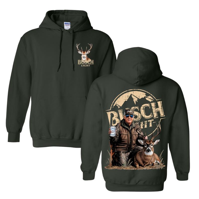 Hunting Trump with Busch Light 2 Side Hoodie Sweater T-Shirt Full Color, Retro Deer for Outfitters Enthusiasts and Casual Wear Hooded Pullover, Hunting Season Sweatshirt for Men Women
