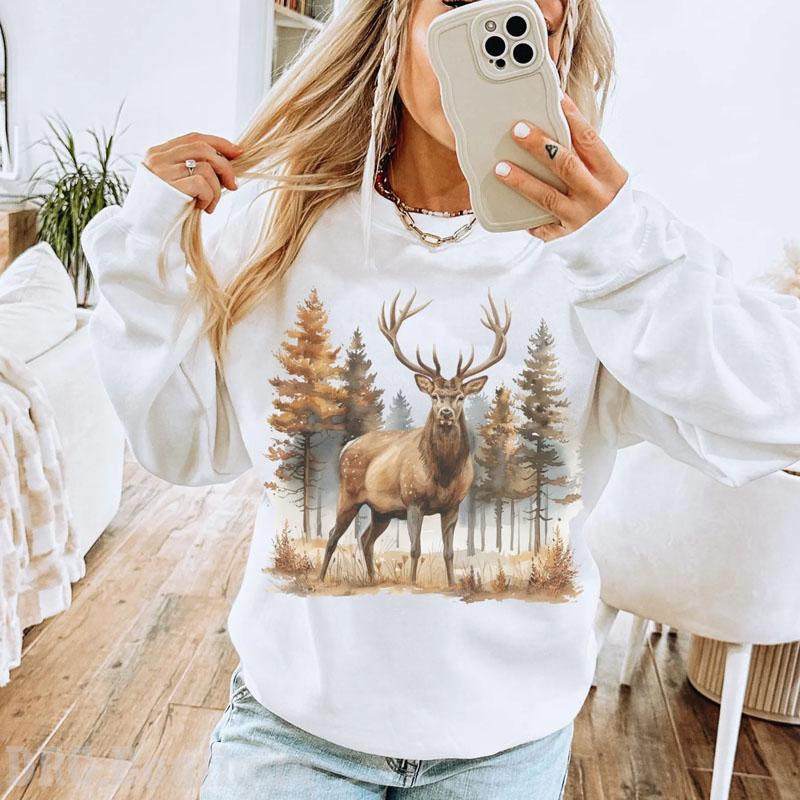 Retro Deer Wilderness Scene Sweatshirt, 90s Nostalgia Animal Outfit Gift For Women's Shirt, Outdoor Wear Crewneck Cotton Fit