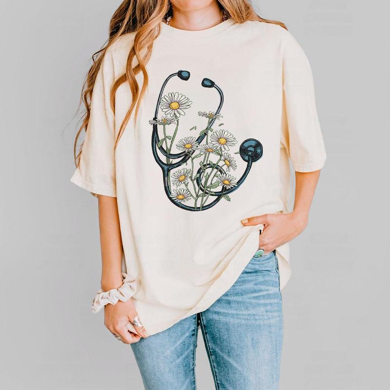 Floral Stethoscope T-Shirt, Nurse Stethoscope Shirts, Shirt For Nurse, Nurse Shirts, Nurse Daisy Flower Stethoscope Shirts, Doctor or Nurse Tshirts, W