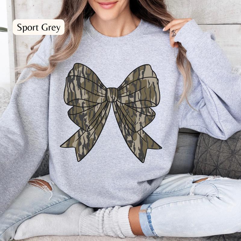 Coquette Camo Bow Sweatshirt, Camo Crewneck, Women's Hunting Sweatshirt, Wife Hunting Crewneck, Dove Hunting Duck Hunting Crewneck Sweatshirt for Wome