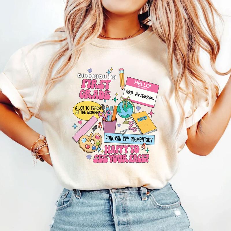 Welcome To 1st Grade Happy To See Your Face Shirt, Happy First Day Of School 1st Grade Teacher Shirt, Custom Name Shirt, Personalized Teacher Shirt (P
