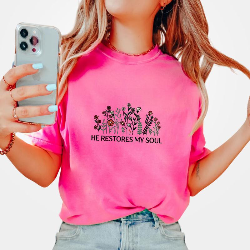 He Restores My Soul Floral Shirt, Vintage Floral Shirt, Shirt For Women, Psalm 233 Christian T-shirt, Gift For Christians, Wildflower Tee For Her, Fai
