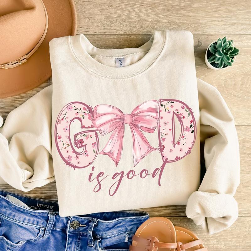 God Is Good Coquette Pink Bow Sweatshirt, Christian Shirts, Bible Verse, Jesus, Christian Apparel, Cotton Round Neck Tee, Full Sizes, Full Colors, Wom