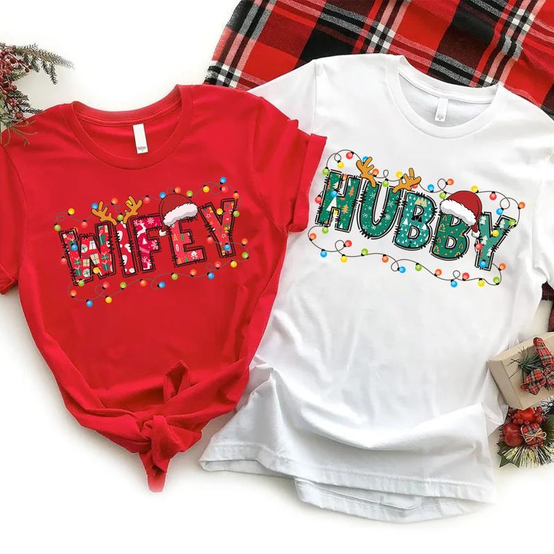 Christmas Wifey Hubby Shirt, Couple Costume 2024 Xmas T-Shirt, Matching Christmas for Husband Wife, Holiday Party Tee, Unisex Cotton Top