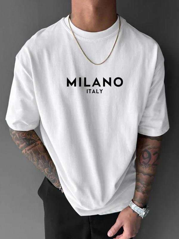 Men's Letter Print Round Neck Tee, Regular Fit Casual Comfy StreetwearÂ Drop Shoulder Short Sleeve T-shirt for Daily Wear, Graphic Tees,Â Men's Summer Clothes