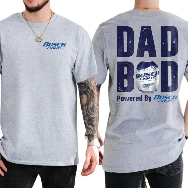 Busch Lite Dad Bod Powered By Busch Light Tshirt 2-Sided for Men, Beer Drink Shirt for Daddy, Funny Drinking Tee, Casual Cotton Top, Classic Menswear