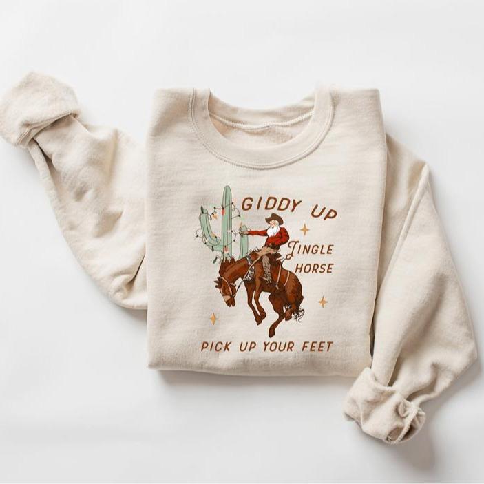 Cowboy Christmas Sweatshirt, Western Christmas Shirt, Giddy Up Jingle Horse Pick Up Your Feet, Howdy Country Christmas Horse, Cowgirl Shirt, Christmas Sweatshirt, Horse Christmas Crewneck Sweatshirt Menswear Hoodie