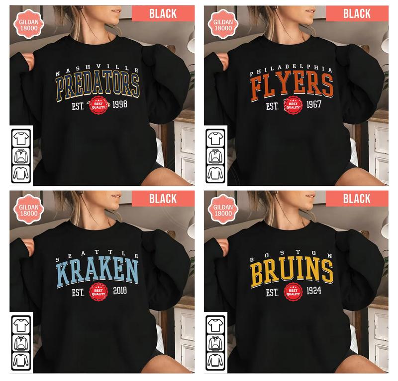 Gildan Black All Hockey Teams Sweatshirt, Vintage Hockey Crewneck, Gift for Hockey Fan, Casual Cotton