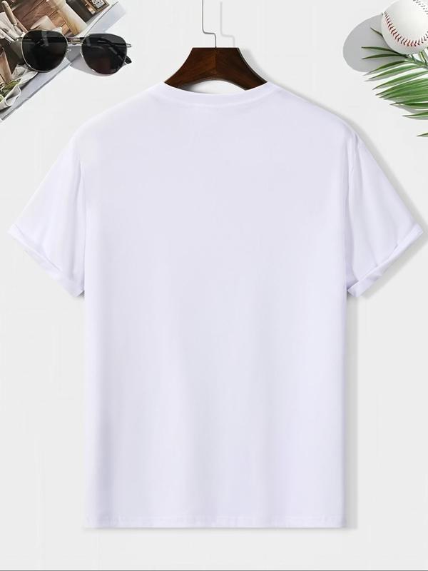 Men's Cartoon & Letter Print Round Neck Tee, Graphic Tees, Regular Fit Casual Comfy Graphic Short Sleeve T-shirt for Summer, Knitting Streetwear for M