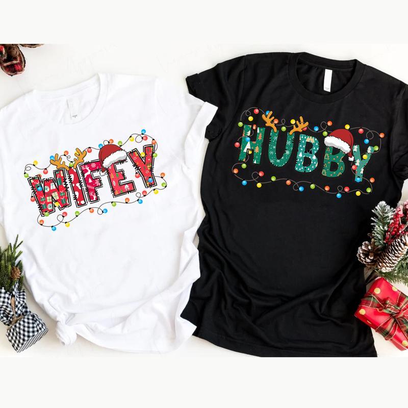 Christmas Wifey Hubby Shirt, Couple Costume 2024 Xmas T-Shirt, Matching Christmas for Husband Wife, Holiday Party Tee, Unisex Cotton Top