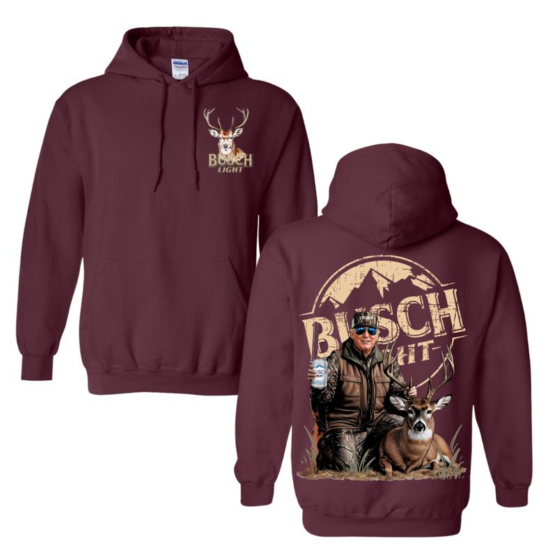 Hunting Trump with Busch Light 2 Side Hoodie Sweater T-Shirt Full Color, Retro Deer for Outfitters Enthusiasts and Casual Wear Hooded Pullover, Hunting Season Sweatshirt for Men Women