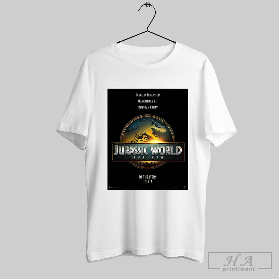 Poster Jurassic World Rebirth Scarlett Johansson Mahershala All Jonathan Bailey In Theaters July 2 2025 T Shirt