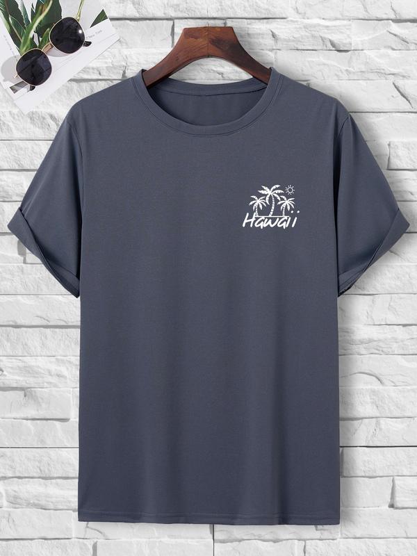 Men's Regular Fit Graphic Print Round Neck Knit Tee, Summer Clothes,Ã‚Â StreetwearÃ‚Â Guys Hawaiian Tropical & Letter Graphic Short SleeveÃ‚Â CrewneckÃ‚Â T-Shirt,