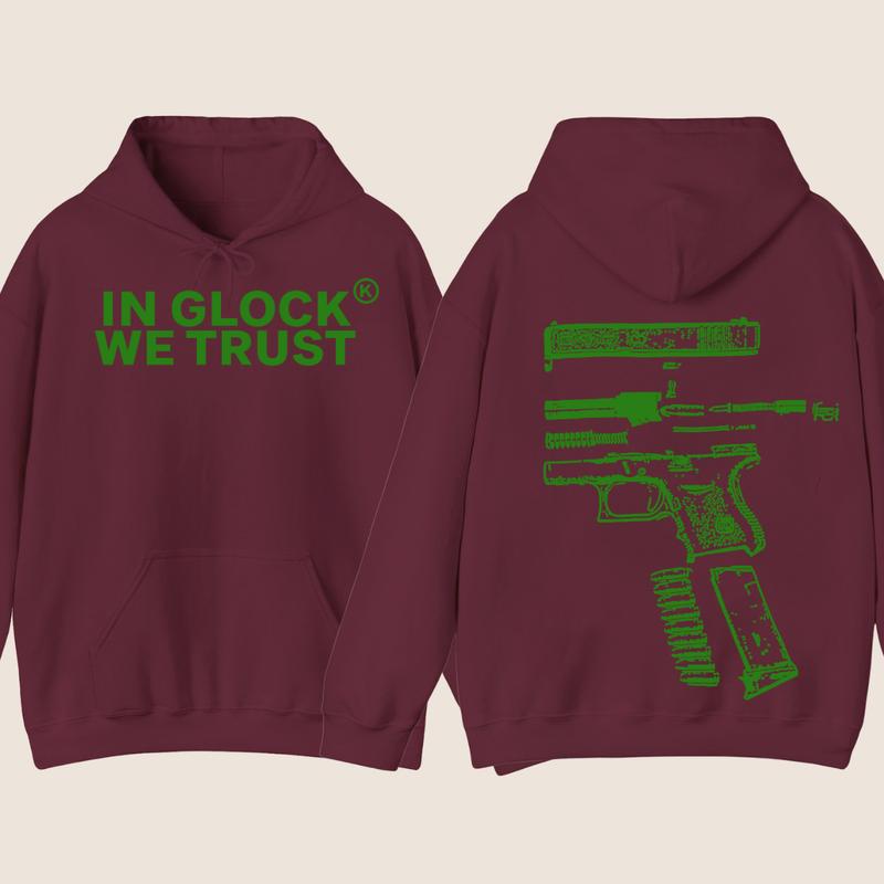 IN GLOCK WE TRUST 2 side Hoodie,Design color Green, Hoodie For Men, Menswear Top , GIft For Men,Full color,Hoodie & sweaters
