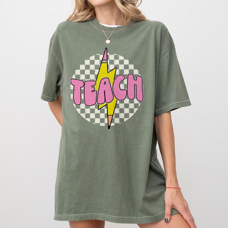 Checkered Teach Shirts, Pencil Lightning Shirt, Lightning Bolt Shirt, Teacher Appreciation Gifts, Shirt For Teacher, Retro Teacher T-shirt, Teacher Gifts, Women Shirt, Retro Shirt For Her, Women Tops, Checkerboard Teach T-shirt
