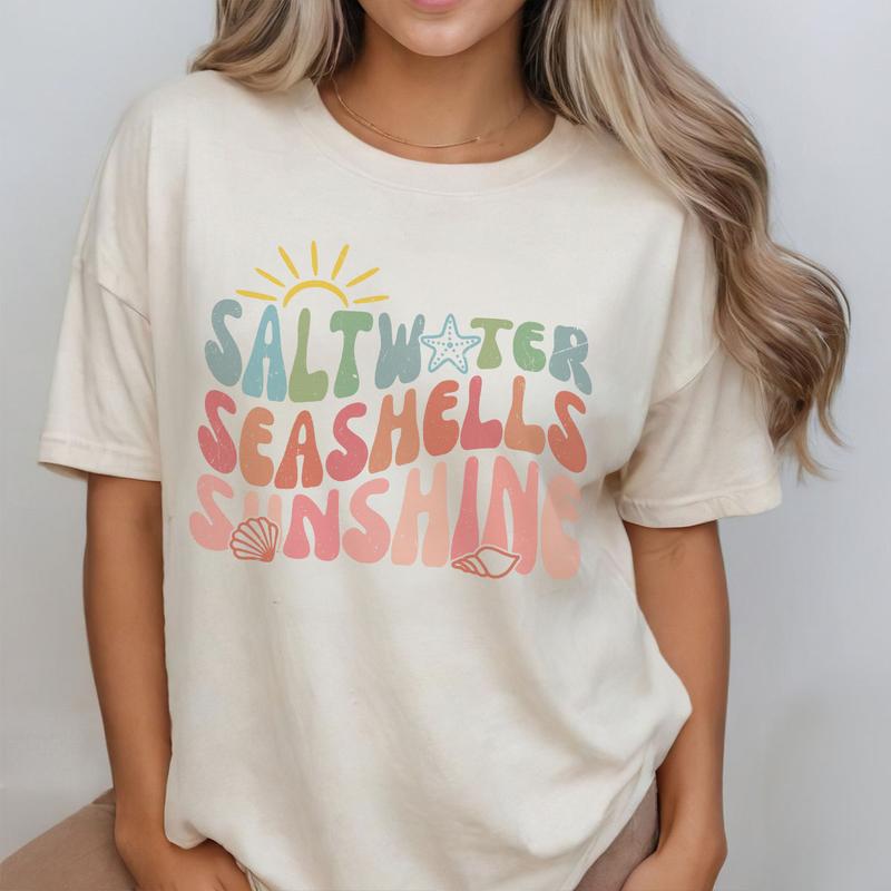 Saltwater Seashells Sunshine Shirt, Summer Shirt, Comfort Shirt for Women, Beach TShirt, Summer Vacation TShirts, Saltwater Tee, Sunsets Tee, Matching Beach TShirt, Groovy Summer Shirts, Girls Trip Shirts, Gift for Friend Women Top