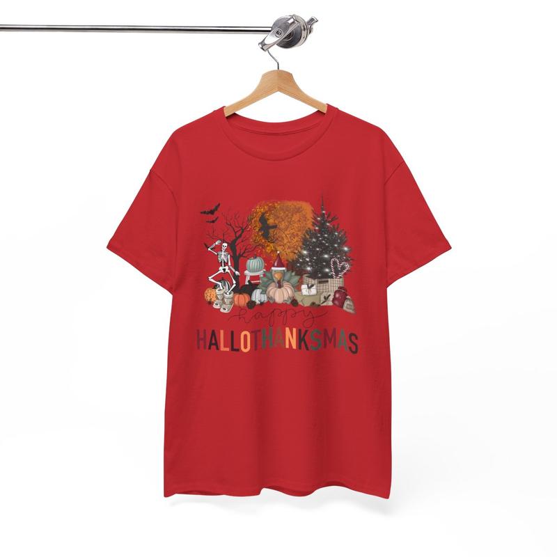 Happy Hallothanksmas Unisex Heavy Cotton Tee - Halloween - Thanksgiving - Christmas - Holiday Shirt - Pumpkin - Ghost - Christmas Tree - Snow - Turkey - Funny Shirt - Gift for Men and Women
