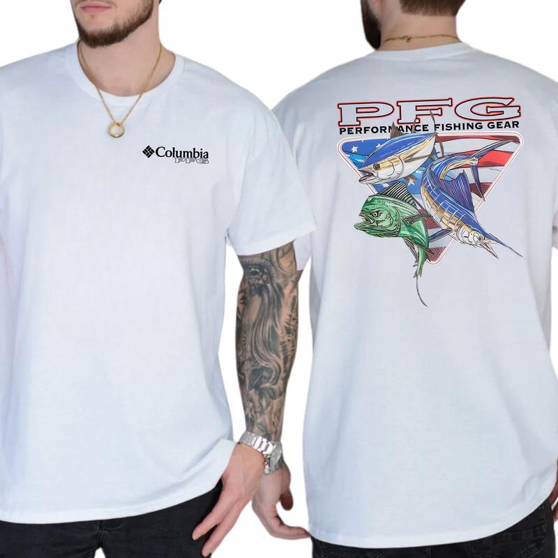 Columbia PFG Shirt - Performance Fishing Gear Featuring Bold American Flag and Fish Graphics T-Shirt, Soft Fabric Short Sleeve Shirt