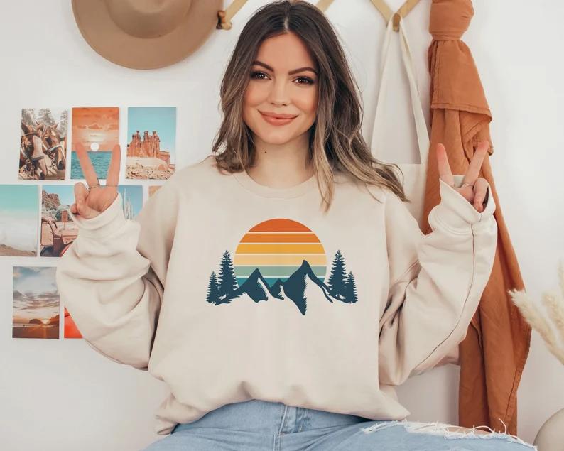 Mountain Sweatshirt, Retro Sunset Aesthetic Sweatshirt, Cozy Sweatshirt, Hiking Sweatshirt Cotton Spandex