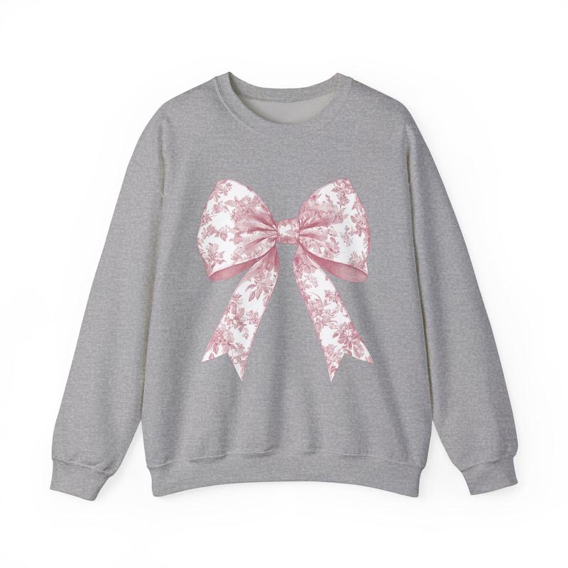 Toile de Jouy Pink Bow Sweatshirt, Coquette Girl Sweatshirt, Feminine Floral Bow Crewneck, Pink Ribbon Soft Girl Girly Aesthetic