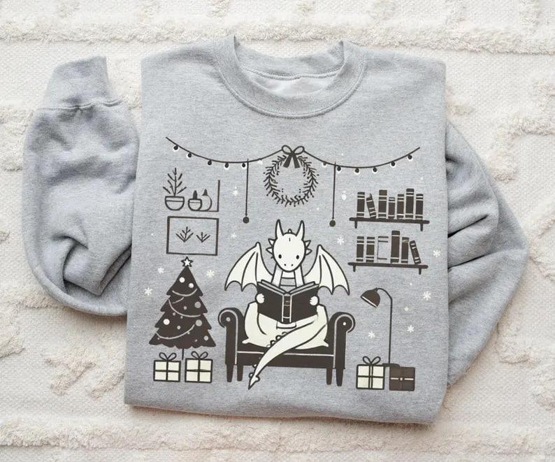 Mystical Bearded Dragon Reading A Book Christmas Sweater, Holiday Dragon Sweatshirt, Cute Dragon Apparel, Dragon Lover Gift, Winter Book
