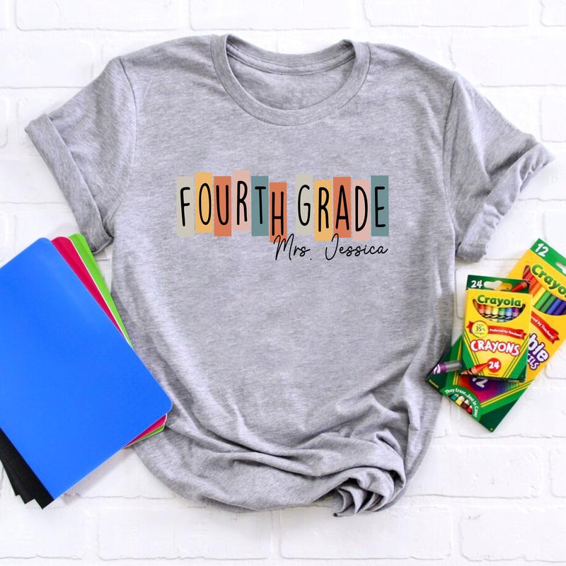 Happy First Day Of School 4th Grade Teacher Shirt, Custom Name Shirt, Personalized Teacher Shirt (Please Inbox In Message), Fourth Grade Teacher Shirt