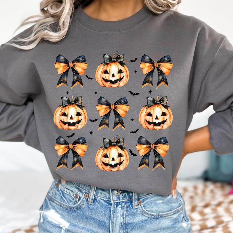 Halloween Pumpkin Shirt, Coquette Bow Halloween Shirt, Spooky Season Shirt Casual Comfort Collar Cotton