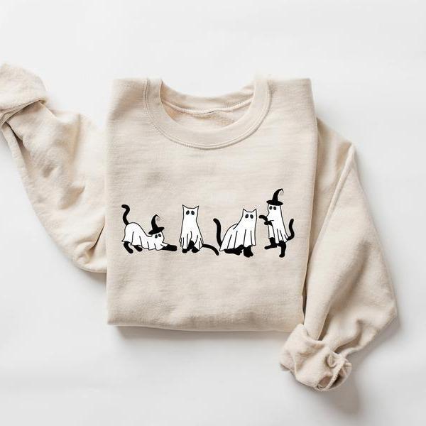 Ghost Cat Halloween Sweatshirt, Halloween Black Cat Sweater, Black Cat Halloween Sweater, Ghost Sweater, Cat Lover Gift, Halloween Fall Sweatshirt Cla