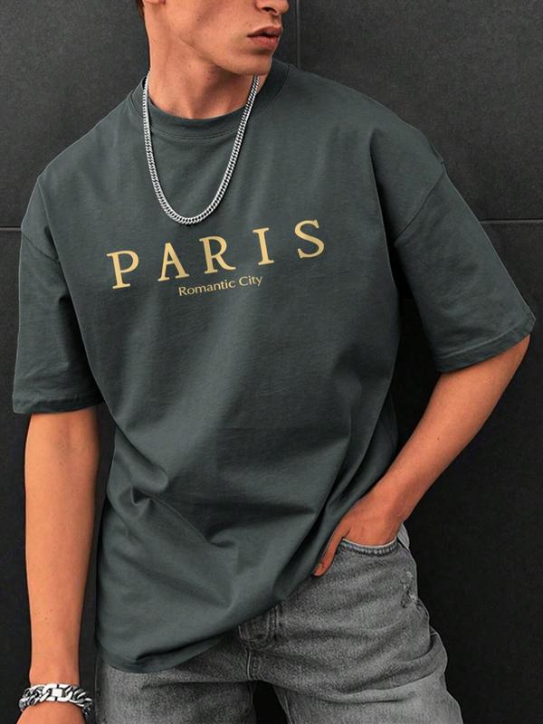 Men's Letter Print Drop Shoulder Tee, Regular Fit Casual Streetwear Short Sleeve Round Neck T-shirt for Summer, Graphic Tees, Fashion Men's Top for Daily Wear