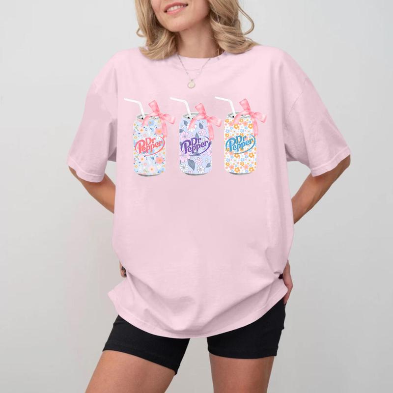 Dr. Pepper Flowers Cans T-Shirt, Cute and Trendy Pink Bow Tee, Unique Unisex Graphic Shirt, Gifts for Soda Lovers with Rose Accents