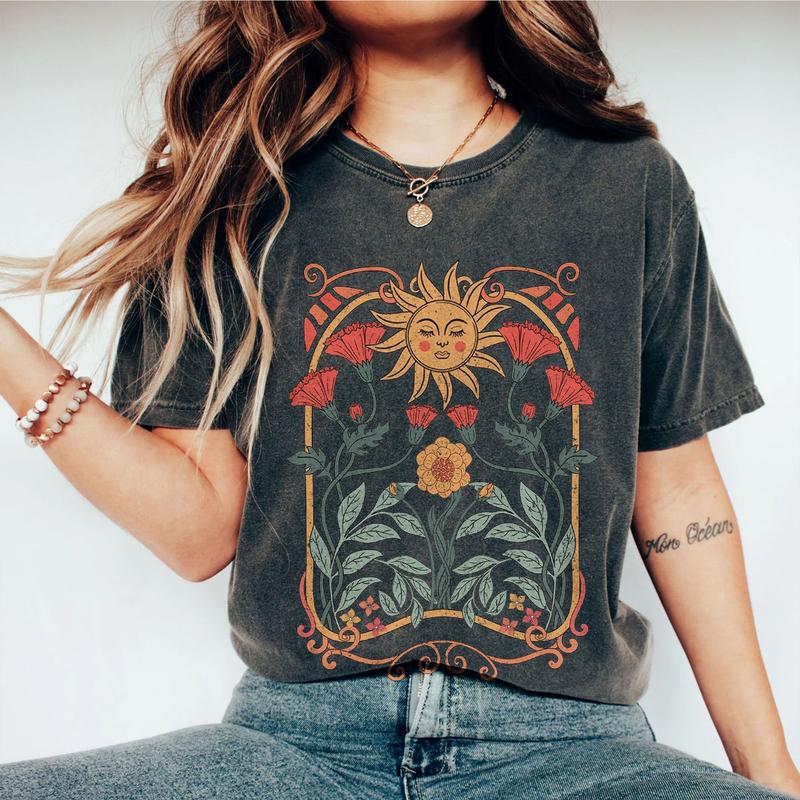 Boho Floral Tshirt Art Nouveau, WildFlowers Shirt, Wild Flower Tshirt, Comfort Shirts for Women, Vintage Botanical Tee For Her, Retro Floral Nature T-