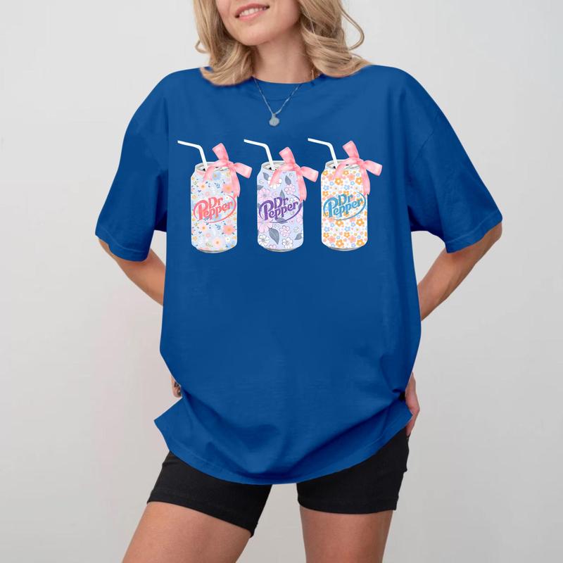 Dr. Pepper Flowers Cans T-Shirt, Cute and Trendy Pink Bow Tee, Unique Unisex Graphic Shirt, Gifts for Soda Lovers with Rose Accents