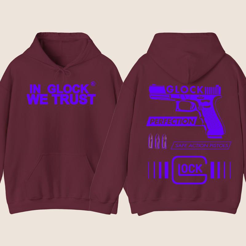 IN GLOCK WE TRUST Hoodie - Double side print - GLock Hoodie -Full color - Classic Menswear for Winter - Glock shirt - For her - for him - Underwear