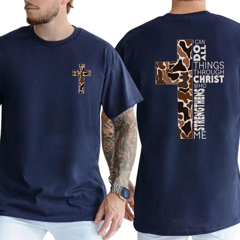 Men's Christian Camo Cross 2-Sided Shirt, I Can Do All Things Through Christ T-shirt, Hunting Tee, Bible Verses Tops, Jesus Apparel, Classic Menswear