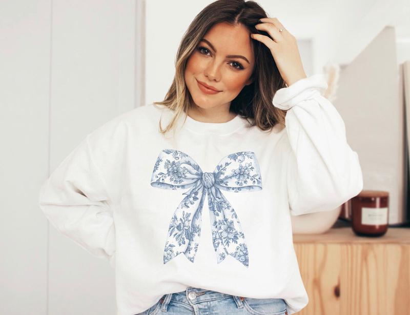 Toile De Jouy Coquette Bow Sweatshirt Blue Ribbon Sweater Girly Aesthetic