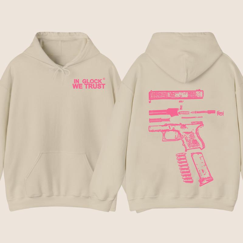 IN GLOCK WE TRUST 2 SIDE Hoodie , Design Heliconia pink, Sweater for Men , Gift For Men ,Full Color , Menswear Top, Glock SweatShirt Classic Cotton