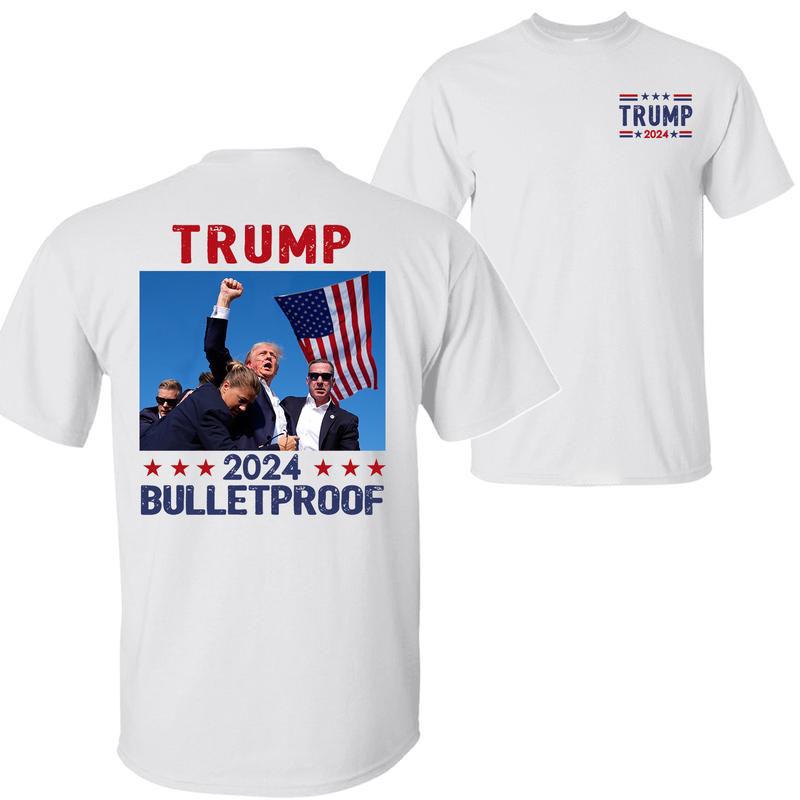 Trump 2024 Bulletproof Shirt, Praying For President Trump Shirt, Bloodied Trump Fist Pumps, Trump Shirts 2024, Double Sided Graphic Printed Unisex Cla