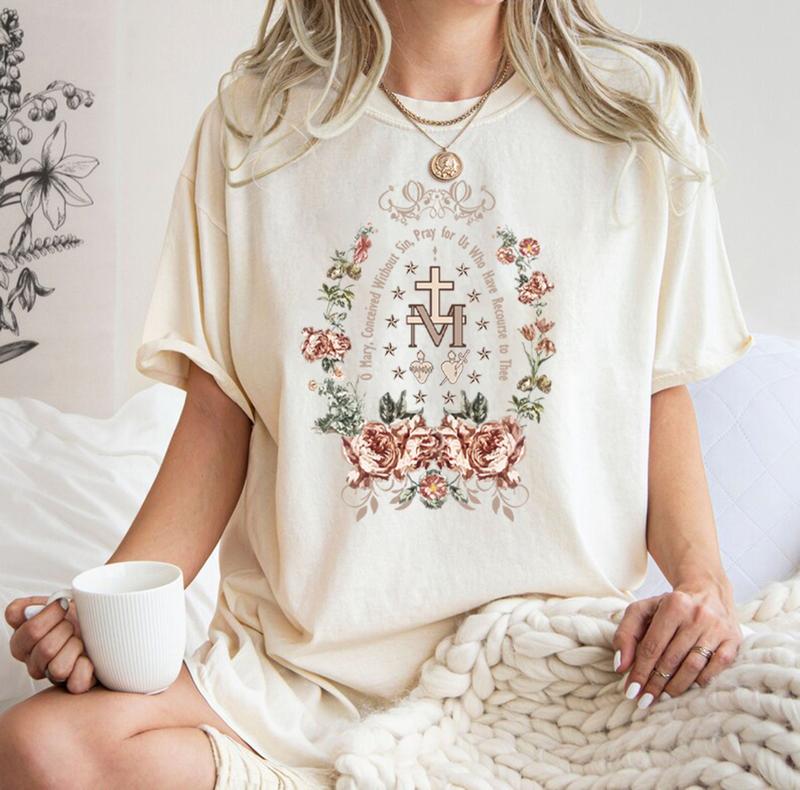 Marian Catholic T-Shirt, Virgin Mary T-shirt, Catholic Gifts For Women, Catholic T-shirt, Marian Cross Sweatshirt, Floral Women Religious Shirts, Cott