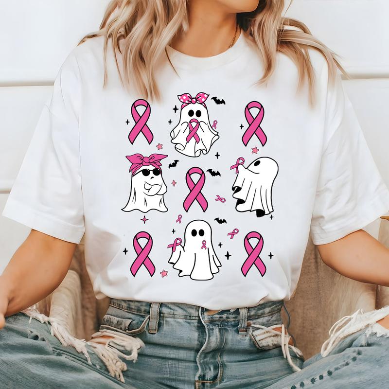 Coquette Breast Cancer Shirt, Ghost Halloween Graphic Tee, Support Squad Shirt, In October We Wear Pink Ghosts, Family Cancer Awareness Gift