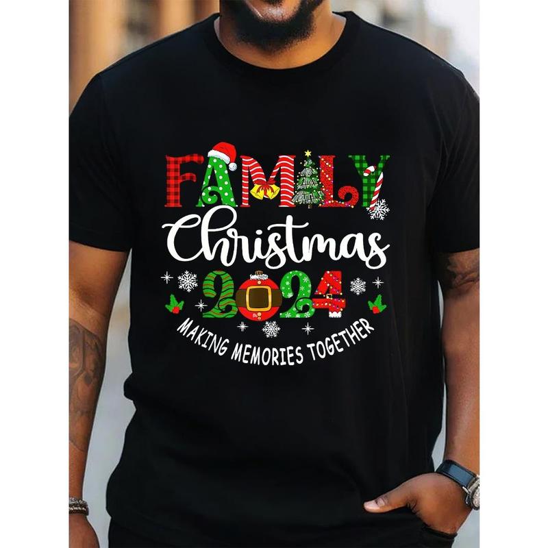 Family Christmas 2024 Casual Cotton T-Shirt for Men, Couple Matching Crew Neck Top with Slight Stretch, Knit Fabric Regular Fit, Summer Weekend Casual