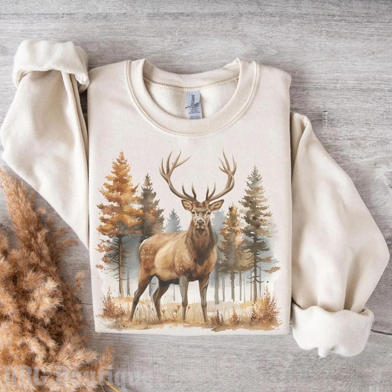 Retro Deer Wilderness Scene Sweatshirt, 90s Nostalgia Animal Outfit Gift For Women's Shirt, Outdoor Wear Crewneck Cotton Fit