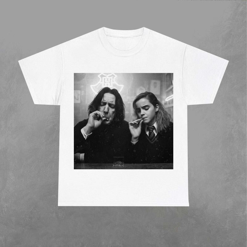 Hermione and Snape Smokin Shirt, Potter TShirt, Wizarding Fan Shirt, Potterhead Shirt, Retro Funny Movie Graphic Tee Classic Fabric Menswear Top