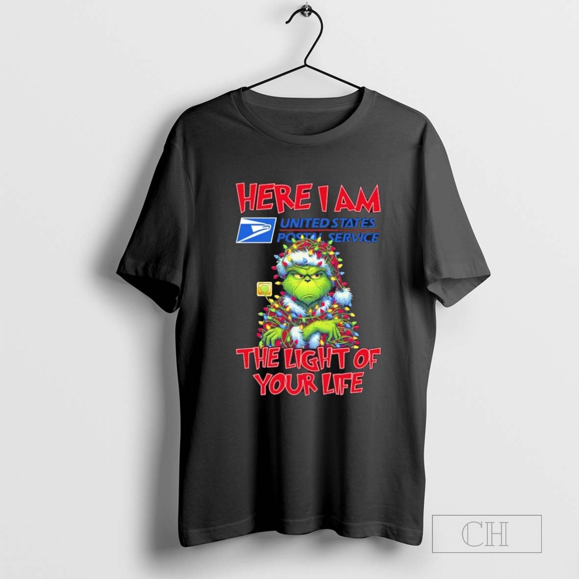 Santa Grinch Here I Am United States Postal Service The Light Of Your Life Christmas Light T-shirt