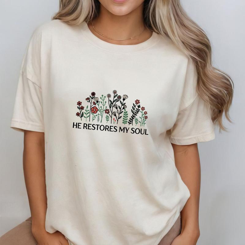 He Restores My Soul Floral Shirt, Vintage Floral Shirt, Shirt For Women, Psalm 233 Christian T-shirt, Gift For Christians, Wildflower Tee For Her, Fai