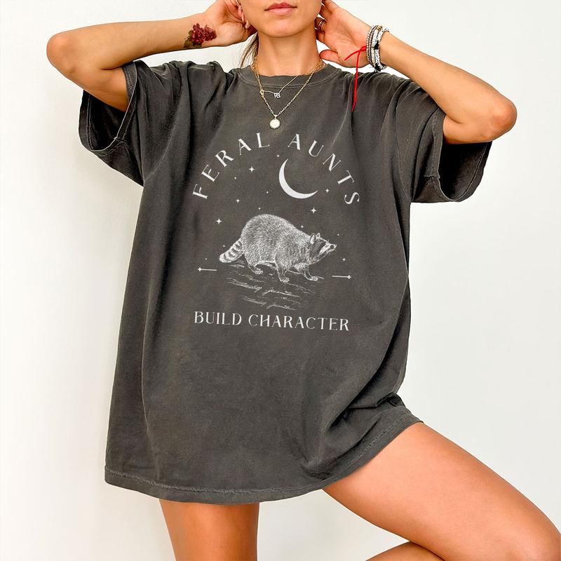 Feral Aunts Build Character Shirt, Raccoon Lover Aunt Shirt, Vintage Raccoon Art Crescent Moon Tee, Whimsigoth Aunty Tee, Aunty Shirt, Weird Gifts For Aunt, Raccoon Lover, Auntie Women Top